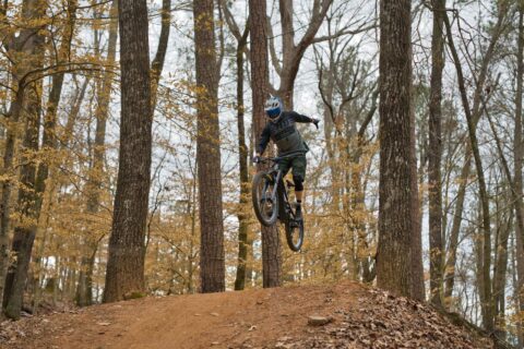 A mountain biker jumps mid-air in a forest during autumn, showcasing skill and adventure.